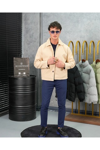 Modefendi Orta Slim Fit Düğme Detaylı Kaşmir Kaban Bej