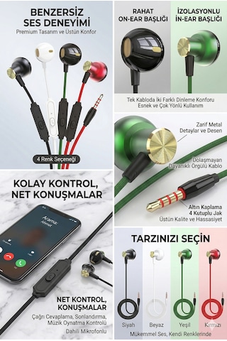 3.5 Mm Jack Girişli Stereo Kulak İçi Metal Kablolu Kulaklık Konforlu Ses Mt266 Diğer