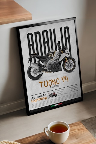 Aprilia Tuono V4 Factory Siyah Ahşap Çerçeveli Poster, Dekoratif Motosiklet Duvar Tablosu Çok Renkli
