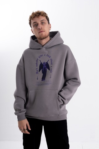 Unisex Mor Melek Baskı Kapşonlu Sweatshirt Gri