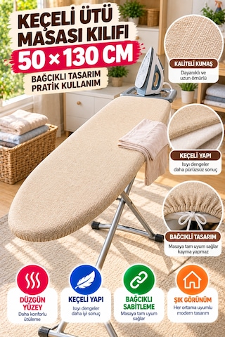 Bej Ütü Masası Kılıfı 50x130 Cm Keçeli Bağcıklı Ütü Bezi Örtüsü Pratik Kullanım Yedek Kılıf Gri Renk