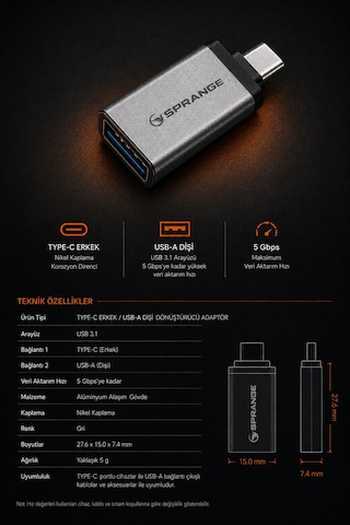 Sprange Type C Usb 3.1 Dönüştürücü Adaptör Usb To Type C Çevirici Telefon Ve Tablet  Gri