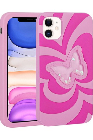 Apple Uyumlu iPhone 11 Kılıf Sıvılı Simli Kelebekli Tasarım Zore Vodena Kapak Pembe Koyu