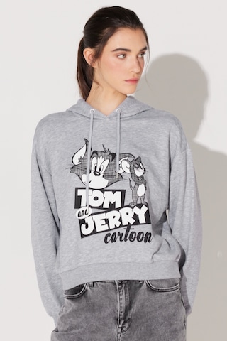 Regular Fit Normal Kesim Kapüşonlu Gri Melanj Tom Ve Jerry Baskılı Sweatshirt L231211035 Gri