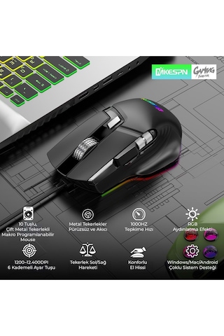 Mkespn X13 Gaming Mouse Kablolu 12400 Dpi 10 Tuş Makro Rgb Oyuncu Mouse Siyah