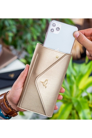 Bk Gift Kişiye Özel İsimli Telefon Ve Bozuk Para Bölmeli Zarf Model Gold Kadın Cüzdanı, Sevgiliye Hediye, Anneye Hediye