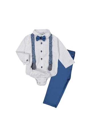 Gömlekli Alttan Çıtçıtlı Gabardin Pantolonlu Pamuklu Bebek Takım İndigo