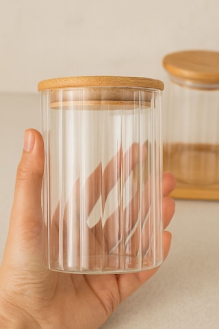 Qerhome Borosilikat Cam Bambu Stantlı Ve Bambu Kapaklı Optik Çizgili Baharatlık Seti 430 Ml Alg11520 Beyaz