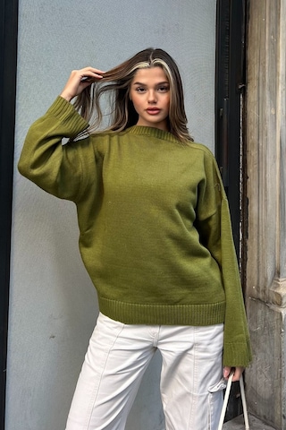 La & Vetta Zeytin Yeşili Bisiklet Yaka Oversize Triko Kazak Zeytin Yeşili