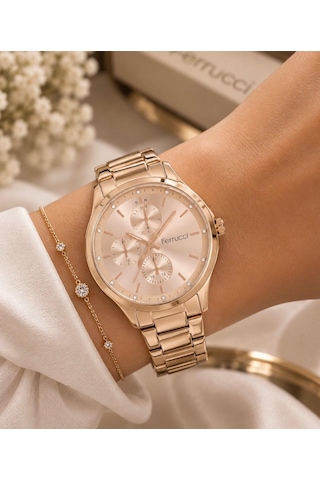 Ferrucci Fc49120 Spor Model Rosegold Çelik Kordon Ve Kasa Kadın Kol Saati+bileklik Hediye Rose Gold