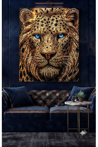 Tamperli Uv Baskı Kırılımaz Cam Tablo Ev Ofis Duvar Dekor Hediyelik Tablo Luxury Premium Aslan Altın Canlı Sağlam Gerçek Cama