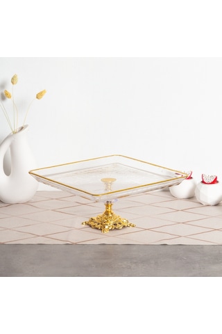 Elta Collection 2 Li Paşabahçe Kristal Metal Ayaklı Yaldızlı Kare Pasta Sunumluk Kurabiyelik Gold