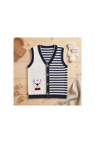 Deniva Kids Unisex Bebek & Çocuk Çizgili Ayıcık Nakışlı Düğmeli Triko Yelek Süveter Beyaz