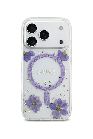 Apple Uyumlu iPhone 17 Pro Kılıf Guess Lisanslı M-safe Şarj Özellikli Transparan Resin Flowers Kapak Mor Mor