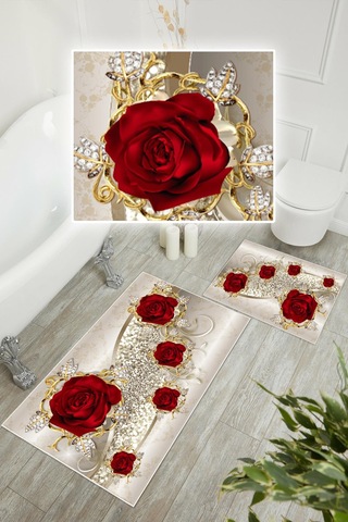 Dijital Baskı Gül Desen Kaymaz Taban 2li Set Banyo Paspası Klozet Takımı 50x60cm-60x100cm Krem