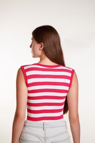 Kadın Pempebeyaz Çizgili Fitilli Likralı Sıfır Kol Bisiklet Yaka Örme Atlet Tshirt Bluz Pembe - Beyaz