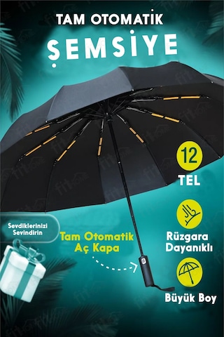 Fitfiyat 12 Tel Tam Otomatik Açılır Kapanır Rüzgara Dayanıklı Siyah Ekstra Güçlü Şemsiye Siyah