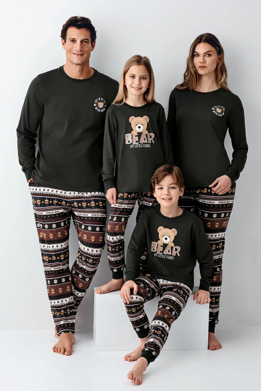 Arnetta Kız Çocuk Garson Aile Bear My Little Friend %100 Pamuklu 4 Mevsim Uzun Kollu Pijama Takım Füme