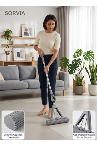 Kelebek Mop Kendinden Sıkmalı Pva Sünger Mop 124 Cm Çelik Saplı Yer Silme Ve Zemin Temizlik Mopu Kıl Tüy Toz Toplayan Temizlik Seti