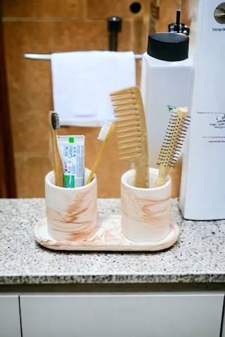 Banyo Seti Turuncu Renk Tepsili Diş Fırçalık, Diş Macunluk, Makyaj Organizeri,banyo Takım Gri