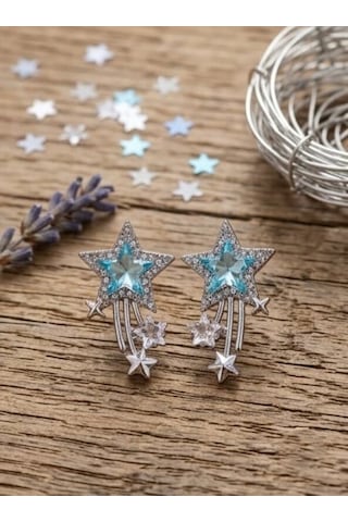 Dükkan Design Taşlı Kuyruklu Yıldız Küpe Gümüş - Açık Mavi
