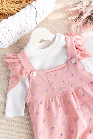 Çiçekli Fırfırlı 100% Pamuk 2'li Kız Bebek Salopet Tulum Set Somon