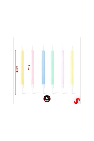 Makaron Renkli Sedef İnce Pasta Mumu 12 Cm - 6 Adet Karışık Renkli