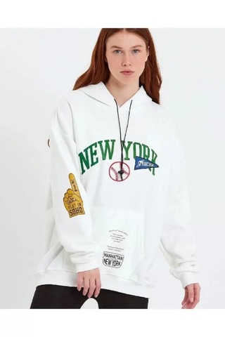 Suma Beyaz Baskılı Kapüşonlu Sweatshirt Xl Beden