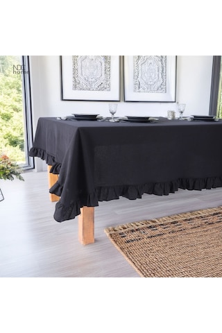 Dnc Home Tekstil  Siyah Keten Firfirli Masa Örtüsü Siyah