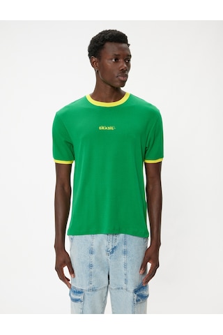 Koton Slim Fit Tişört Slogan Baskılı Kısa Kollu Bisiklet Yaka Yeşil 4sam11078hk Yeşil