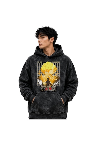 Sevbano Zenitsu Agatsuma Anime Baskılı Unisex Oversize Yıkamalı Premium H Siyah