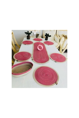 Amerikan Servis Jüt Hasır Sunum Takımı Runner Ekmeklik 8 Parça Pembe Pembe