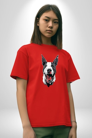 Doberman Kırmızı Dil Siyah Dik Kulak Pamuklu Bisiklet Yaka Unisex Oversize Boyfriend Dijital Baskılı Kırmızı T-shirt Kırmızı