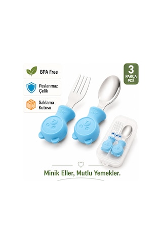 Jojobebek Kaşık Çatal Seti, Ergonomik Kısa Saplı Silikon, Paslanmaz Çelik Uçlu, Saklama Kutulu, (9-24 Ay) (MAVİ)