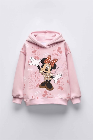 Kız Çocuk Minnie Baskılı Kapüşonlu Manşetli Sweatshirt Pembe