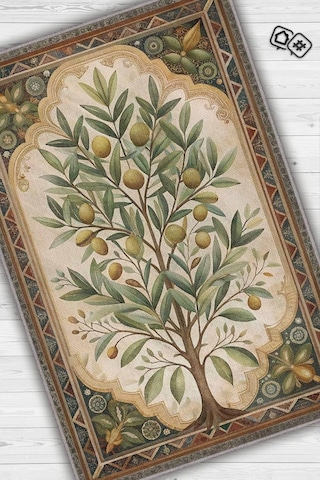 Homshtag Art Deco Zeytin Ağacı Halısı Bitki Temalı Soft Yeşil Renk Etnik Dijital Baskı Çiçekli Halı Çok Renkli