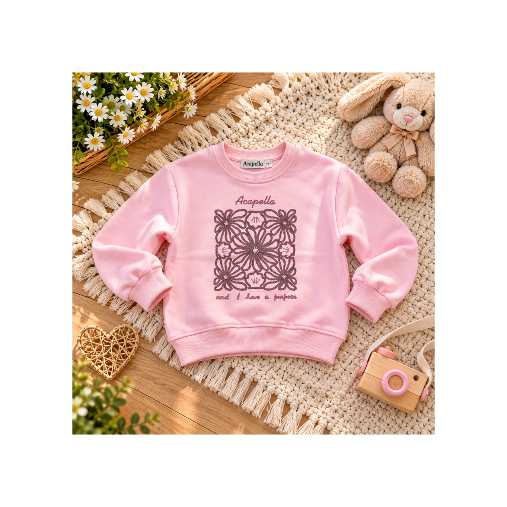 Uğur Bebe %100 Pamuk Kız Çocuk Eşofman Takımı Acapella Çiçek Baskılı Sweatshirt İspanyol Paça Pantolon Pembe Kahverengi Pembe Kahverengi