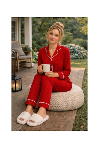 Rindahomewear Kadın Pamuklu Ara Biyeli Düğmeli Biyeli Pijama Takımı Kırmızı