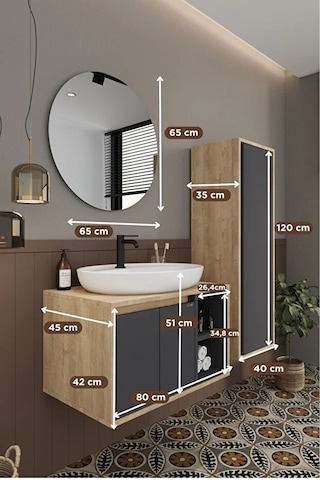 Gül 80 Cm %100 Mdf Lavabolu Banyo Dolabı Ayna Alt Dolap Lavabo Boy Dolabı Antrasit