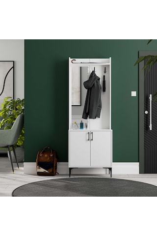 5020 Royal Sol Aynalı 2 Kapaklı 2 Askılı Portmanto Beyaz