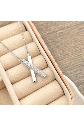 X Kolye Kadın Kolye Full Zirkon Taşlı Kolye 45cm Silver