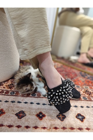 My Stil Moda Kadın Önü Kapalı Hasır Terlik Boncuk İşlemeli Çeyiz, Günlük, Misafir Ev Terliği siyah