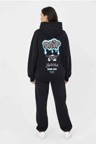 Nevermind Unisex Sevgili Çift Kombini Oversize Sırt Baskılı Grafik Hoodie Siyah