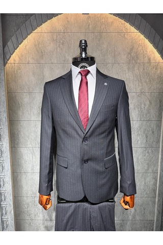Dupont Classics Dupont Erkek Slim Fit 6 Drop Çizgili Viskon Mono Yaka Çift Düğme Çift Yırtmaç 2 Li Takım Elbise Açık Lacivert