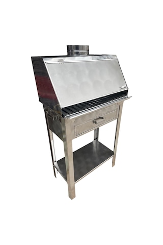 Paslanmaz Kömürlü Mangal Çekmeceli 35 X 50 Cm Sehpalı Kapaklı Barbekü Gri