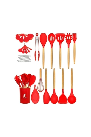 Dayanıklı Yanmaz Yapışmaz 33 Parça Silikon Spatula Mutfak Seti Kırmızı Genel