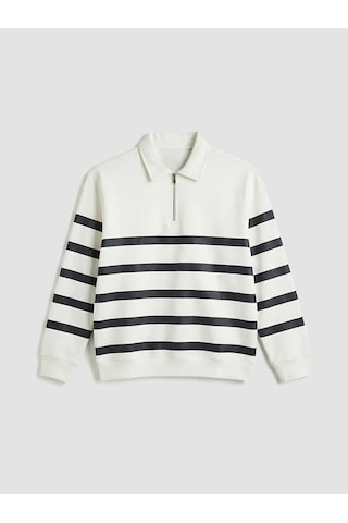 Lc Waikiki Beyaz Polo Yaka Çizgili Erkek Kalın Sweatshirt