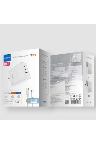 Rock T31 Gan 65w Pd 3.0 & Qc 4.0 Hızlı Seyahat Şarj Set Beyaz 2m Type-c To Type-c Kablo