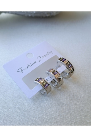 Renkli Baget Taşlı Halka Küpe Gümüş