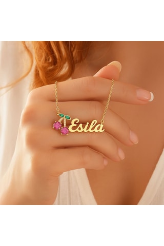 Taşlı Kiraz İsimli Altın Kaplama Gümüş Kolye Gold